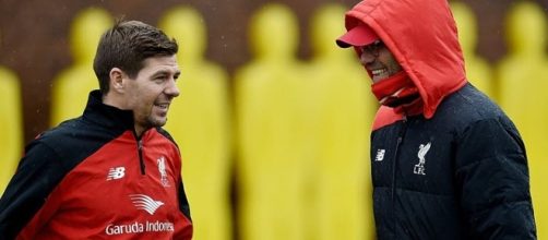 Liverpool manager Jurgen Klopp consulting with Steven Gerard during training in the past. FILE PHOTO// Flickr Football