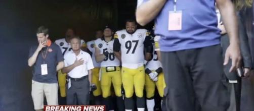 Pittsburgh Steelers keep away from the field while National Anthem plays this Sunday game with Chicago. / from 'YouTube' screen grab (ABC)