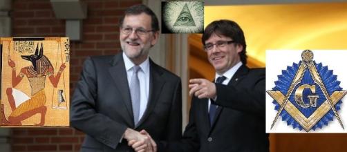 Rajoy y Puigdemont riendose y simbolos relacionados.