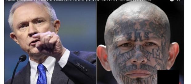 Attorney general Jeff Sessions (left), MS 13 gang member (right) photo via Golden State Times/YouTube screen cap Attorney general Jeff Sessions (left), MS 13 gang member (right) photo via Golden State Times/YouTube screen cap