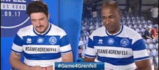 Marcus Mumford, here with Les Ferdinand, share a match mixing sport, music, and fun for fire victims and families.Screencap Mumford &Sons Fans/YT Marcus Mumford, here with Les Ferdinand, share a match mixing sport, music, and fun for fire victims and families.Screencap Mumford &Sons Fans/YT