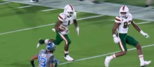 The Hurricanes' Mark Walton had 51 yards rushing and 79 yards receiving in Miami's 31-6 win over Duke. [Image via ACC Digital Network/YouTube]