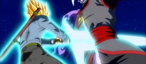 Trunks del futuro atraviesa a la fusión de Zamasu y Black Goku Trunks del futuro atraviesa a la fusión de Zamasu y Black Goku