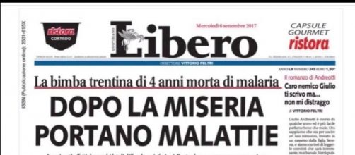 La prima pagina di Libero del 6 settembre 2017