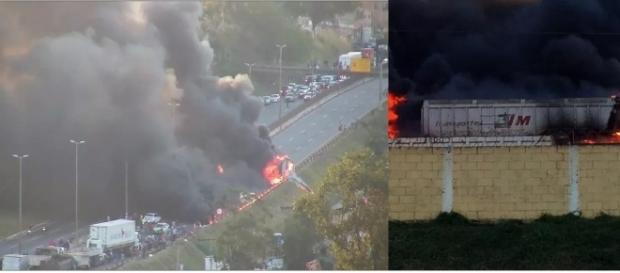 Caminhão descontrolado bate em outros veículos e pega fogo, no Anel Rodoviário de BH (Foto:Reprodução/TV Globo) Caminhão descontrolado bate em outros veículos e pega fogo, no Anel Rodoviário de BH (Foto:Reprodução/TV Globo)