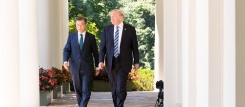 South Korean President Moon Jae-in with U.S. President Trump at White House / [Image by Natig Sharifov via Flickr, Public Domain]