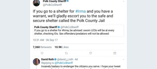 Polk County Sheriff tweets about warrant checks at emergency shelters via Screenshot