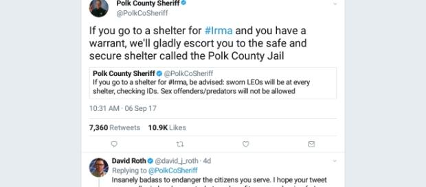 Polk County Sheriff tweets about warrant checks at emergency shelters via Screenshot Polk County Sheriff tweets about warrant checks at emergency shelters via Screenshot