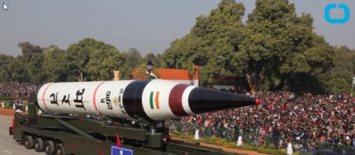 Indian nuclear-capable missile on display prior to test launch in 2016. [image credit: Wochit News / YouTube screenshot]