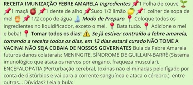 A receita falsa contra a febre amarela foi compartilhada pelo WhatsApp e já teve mais de 500 mil visualizações A receita falsa contra a febre amarela foi compartilhada pelo WhatsApp e já teve mais de 500 mil visualizações