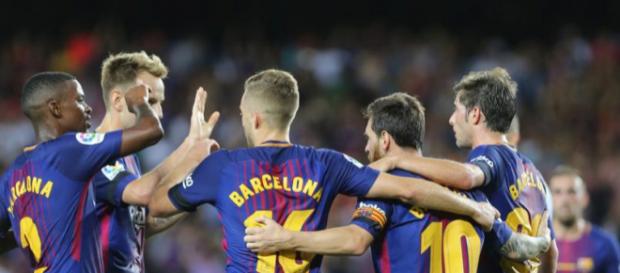 Los jugadores del Barça celebran uno de los goles frente al Betis Los jugadores del Barça celebran uno de los goles frente al Betis