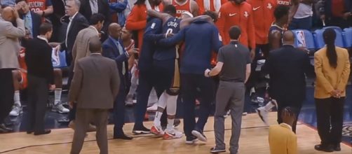 DeMarcus Cousins achilles injury! Rockets vs Pelicans January 26, 2018. [image source: CliveNBAParody/YouTube screenshot]