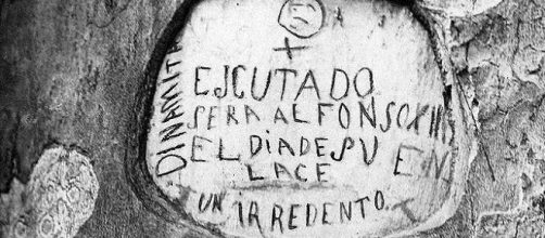 Imagen del mensaje tallado en el árbol del Retiro que anunciaba el atentado contra Alfonso XIII (archivo fotográfico ABC)