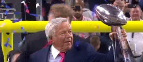 Patriots owner Robert Kraft hoists the Super Bowl LI trophy (Image Credit: NFL/YouTube)