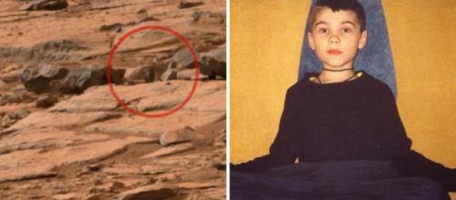 Imagem de suposta estátua achada em Marte (à esq.) e Boriska Kipriyanovich quando criança (à dir.)