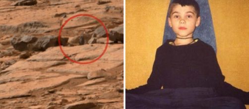 Imagem de suposta estátua achada em Marte (à esq.) e Boriska Kipriyanovich quando criança (à dir.)