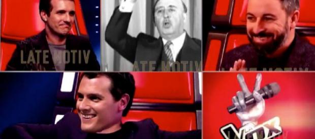 Casado, Franco, Abascal y Rivera en 'La Vox'. / TWITTER Casado, Franco, Abascal y Rivera en 'La Vox'. / TWITTER