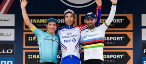 Miguel Angel Lopez sul podio della Milano Torino: il colombiano ha dato forfait al Giro di Lombardia