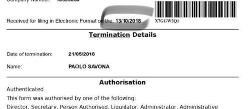 La notifica delle dimissioni di Savona è stata trasmessa il 13 ottobre