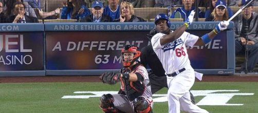 Yasiel Puig was one of the key players in the Dodgers' 5-1 NLCS Game 7 win over Milwaukee. [Image via MLB/YouTube]