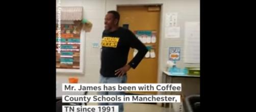 Janitor, James Anthony, gets the birthday surprise he never expected from kindergartners in Tennessee. [Image source:The Tennessean-YouTube]