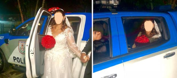 Noiva vai para casamento em carro da polícia. (foto reprodução). Noiva vai para casamento em carro da polícia. (foto reprodução).