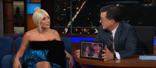 Lady Gaga and Stephen Colbert share a heartfelt chat and meaningful toast on her first Late Show visit. [Image source:TheLateShowSC-YouTube]