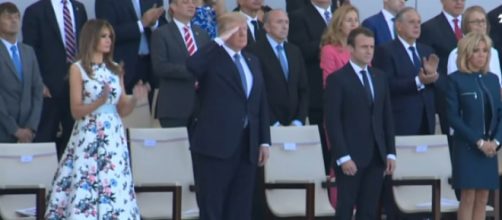 Trump salutes US troops at Bastille Day parade. [Image source/AFP News Agency YouTube video]