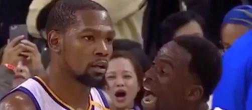 Draymond Green and Kevin Durant's heated exchange on November 12 brought a suspension for the Warriors star. - [The Fumble / YouTube screencap]