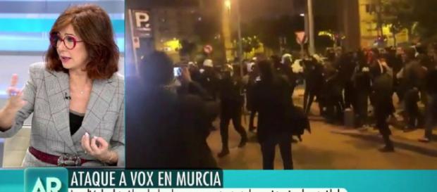 Quintana analiza las imágenes del boicot a VOX en Murcia. / telecinco.es Quintana analiza las imágenes del boicot a VOX en Murcia. / telecinco.es