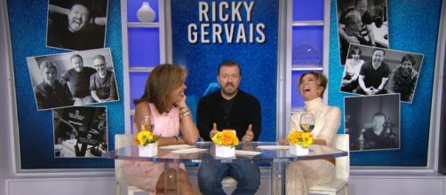 Ricky Gervais returns to Today with Kathie Lee Gifford and Hoda Kotb for laughs and a little seriousness. [Image source: TODAY-YouTube]