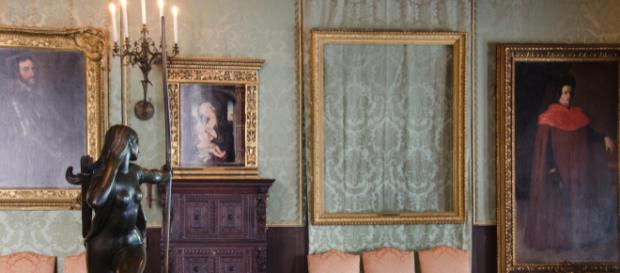 The empty frames indicating where paintings were stolen from the Isabella Stewart Gardner Museum The empty frames indicating where paintings were stolen from the Isabella Stewart Gardner Museum