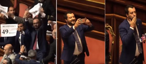 Salvini reagisce con foto e baci ai militanti del Pd in aula