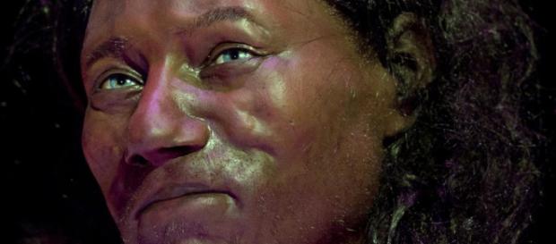 The Natural History Museum model of the Ancient Briton has dark skin and blue eyes. The Natural History Museum model of the Ancient Briton has dark skin and blue eyes.