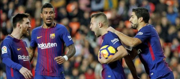 Los jugadores del FC Barcelona celebran uno de sus goles Los jugadores del FC Barcelona celebran uno de sus goles