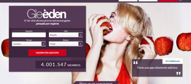Página oficial de Gleeden. En la que rememora en el momento en que Eva mordió la manzana en el paraíso Página oficial de Gleeden. En la que rememora en el momento en que Eva mordió la manzana en el paraíso