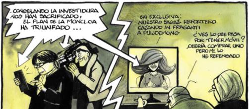 Una de las últimas viñetas de Ferreres, crítica con Ana Rosa Quintana y los SMS que publicó de Puigdemont.