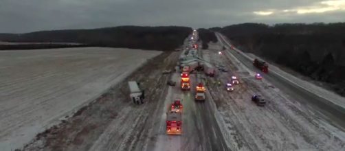 A "Dancing with the Stars" tour bus was caught up in a multiple vehicle crash near Ames, Iowa [Image credit: NBC4 WCMH-TV Columbus/YouTube