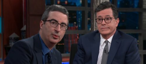 Colbert asked John Oliver his views on the upcoming royal wedding [Image The Late Show with Stephen Colbert/YouTube]