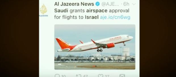 Saudi Arabia has opened its airspace to Israel Image credit - @AJE - Twitter Saudi Arabia has opened its airspace to Israel Image credit - @AJE - Twitter