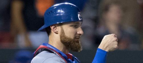 Lucroy in a game with the Rangers: (Image via Jonathan Lucroy/Commons Wikimedia)