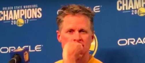 Steve Kerr explains to the media that "no way" Curry will be available at start of playoffs. [image source: MLG Highlights/YouTube screenshot]