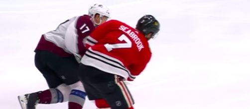 Brent Seabrook defends against Tyson Jost in a Colorado Avalanche victory. [image source: PRO Hockey/ YouTube screenshot]