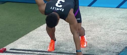 Penn State running back Saquon Barkley gets set for his 40-yard dash. (NFL/YouTube screencap)