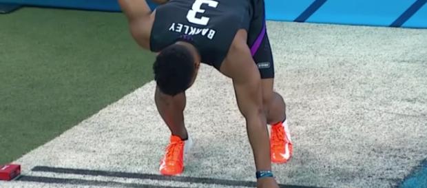 Penn State running back Saquon Barkley gets set for his 40-yard dash. (NFL/YouTube screencap) Penn State running back Saquon Barkley gets set for his 40-yard dash. (NFL/YouTube screencap)