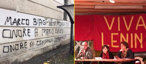 Le scritte a Modena. Balzerani, al centro, presiede un evento a Firenze