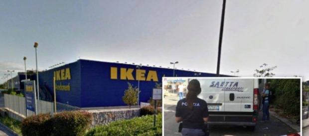 Lo stabilimento Ikea, polizia in azione e furgone portavalori. Lo stabilimento Ikea, polizia in azione e furgone portavalori.