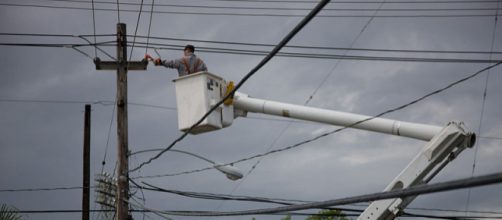 Electric company repairing a power pole in Puerto Rico (Image credit – Andrea Booher, Wikimedia Commons)