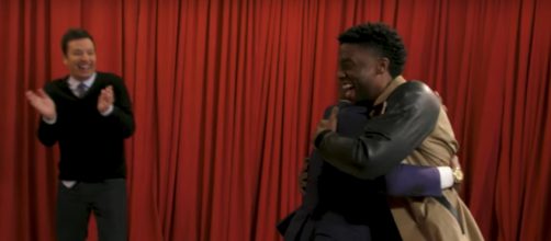 Boseman and fans hug it out during the 'Tonight Show.' - [The Tonight Show Starring Jimmy Fallon / YouTube screencap]