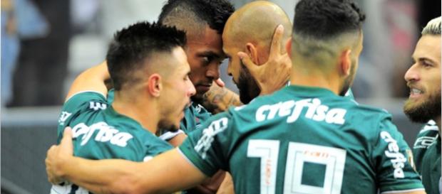 jogadores do palmeiras na comemoração do gol que deu a vitoria ao palmeiras jogadores do palmeiras na comemoração do gol que deu a vitoria ao palmeiras